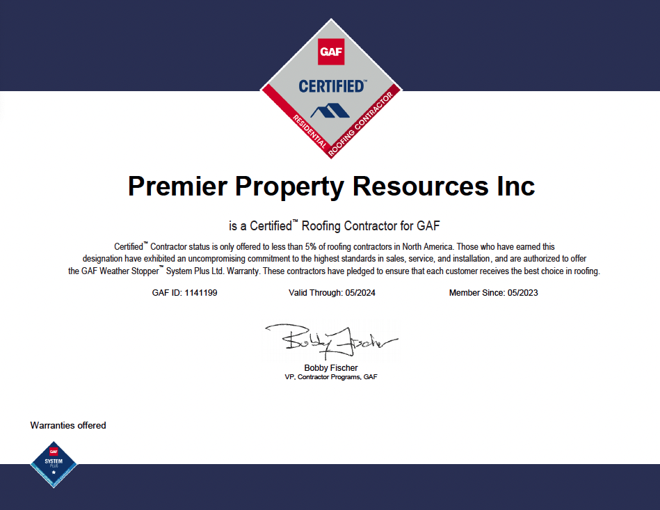 premier property resources inc roofing contract certification
